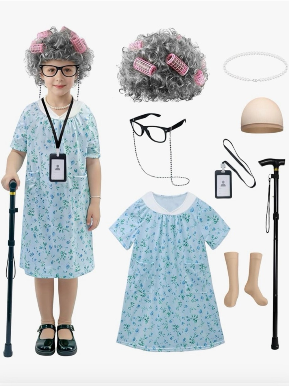 Children's Blue Floral Grandma Costume Dress Set